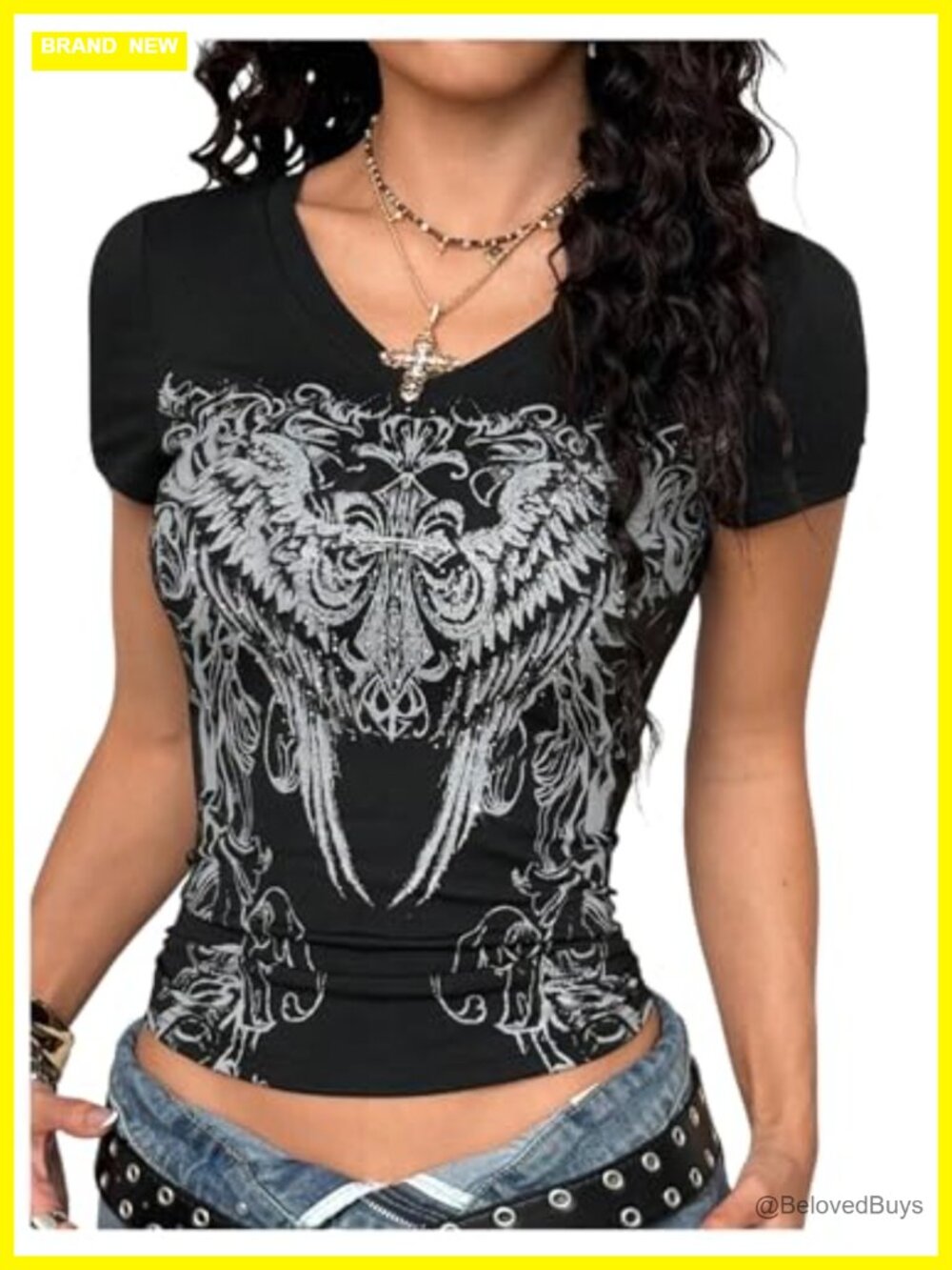 Sparkly Rhinestone Y2K Gothic Graphic V Neck Slim Fit Crop Tee